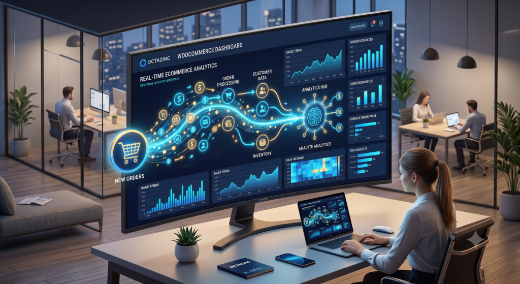 Professional 3D isometric illustration of a WooCommerce analytics dashboard showing data flow and conversion tracking optimization.