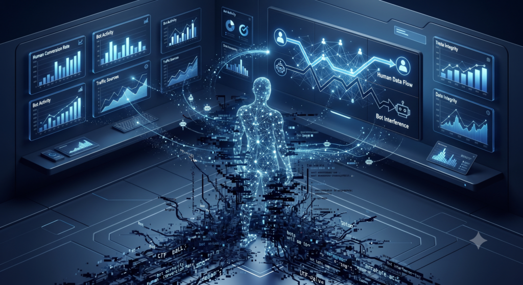 Digital illustration representing bot traffic interference and data poisoning on marketing analytics dashboards.