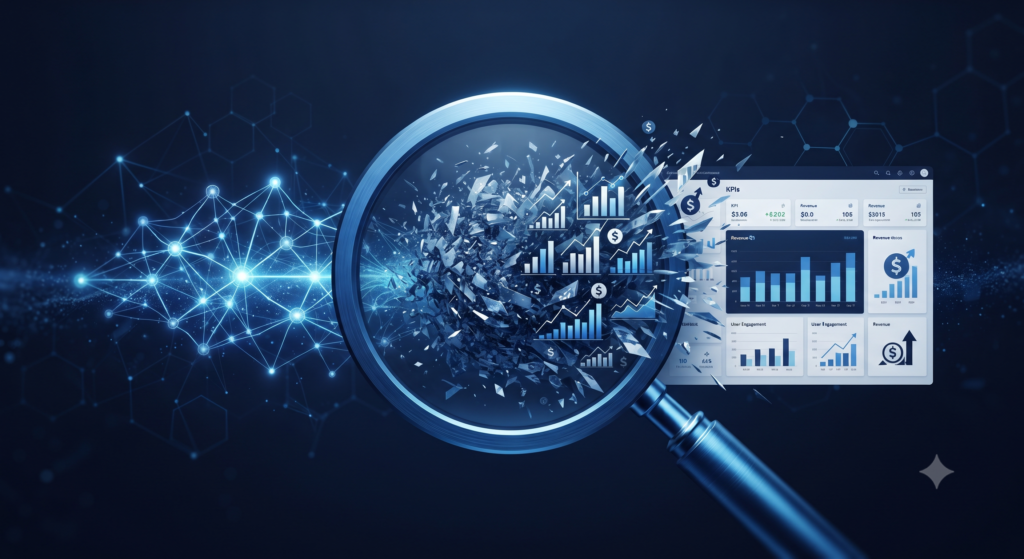 Digital illustration representing the transition from fragmented AI data to clear, structured marketing analytics insights.